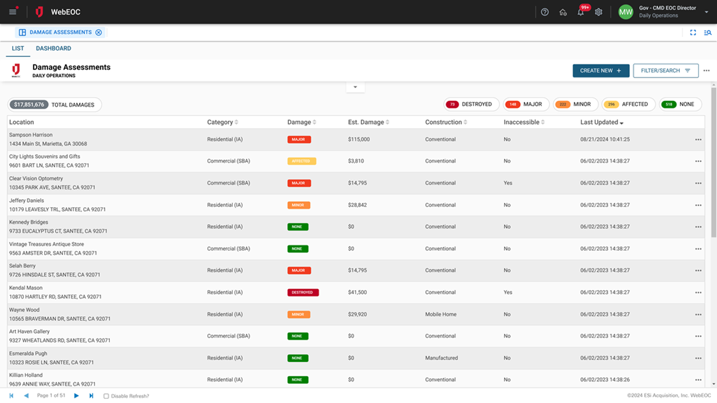 Damage Assessment List view
